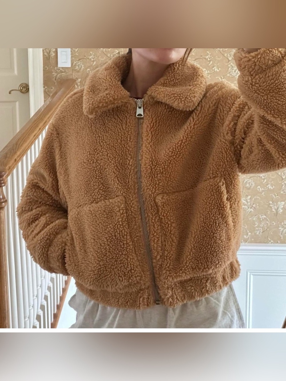 Urban Outfitters tan teddy fleece zip-up jacket wide mock collar & front pockets